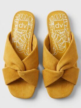 Womens Suede Sandals Mustard Yellow Slide Twisted Bow Boho Minimalist Size 8